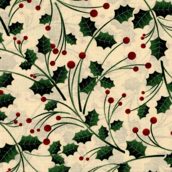 Happy Holly-days on Tan Christmas Cotton Fabric