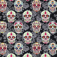 Decorative Skulls on Black Cotton Fabric - Novelty Fabric - Same Day Fabric - HIJO
