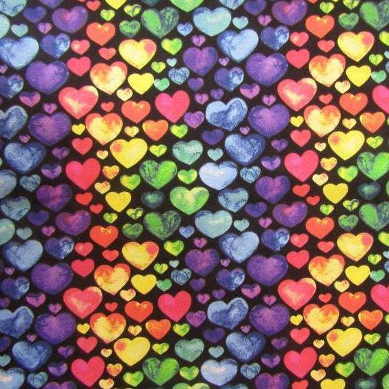 Rainbow Bubble Hearts on Black Cotton Fabric - Novelty Fabric - Same Day Fabric - HIJO