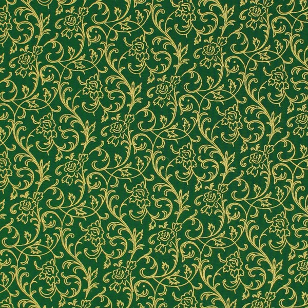 Merry Christmas Green Metallic Gold Floral Christmas Cotton Fabric