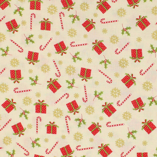 Presents and Candy Canes Toss Christmas Cotton Fabric