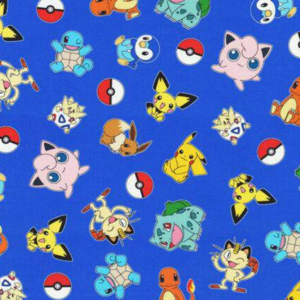 Pokemon Friends Tossed Blue Cotton Fabric - Character Fabric - Same Day Fabric - Robert Kaufman